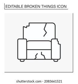 Chair Line Icon. Destroyed Furniture. Smashed Armchair In Living Room. Vandalism, Chaos. Broken Things Concept. Isolated Vector Illustration. Editable Stroke