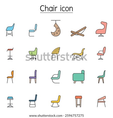 Chair line icon set in side view in color line style