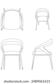 Ilustración vectorial Chair Line. Diferentes vistas de la silla moderna, ideal para el diseño de muebles y conceptos interiores con vistas frontales, laterales y superiores