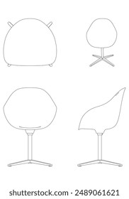 Chair Line Vector Illustration. Different Views of Modern Chair, Ideal for Furniture Design and Interior Concepts with Front, Side, and Top Views