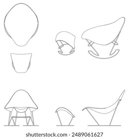 Chair Line Vector Illustration. Different Views of Modern Chair, Ideal for Furniture Design and Interior Concepts with Front, Side, and Top Views