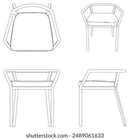 Chair Line Vector Illustration. Different Views of Modern Chair, Ideal for Furniture Design and Interior Concepts with Front, Side, and Top Views