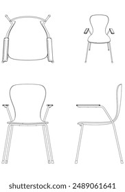 Ilustración vectorial Chair Line. Diferentes vistas de la silla moderna, ideal para el diseño de muebles y conceptos interiores con vistas frontales, laterales y superiores