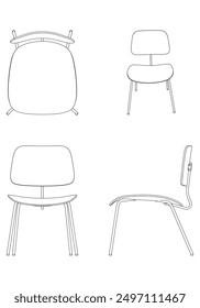 Chair Line Vector Illustration. Different Views of Modern Chair, Ideal for Furniture Design and Interior Concepts with Front, Side, and Top Views