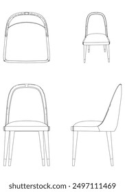 Chair Line Vector Illustration. Different Views of Modern Chair, Ideal for Furniture Design and Interior Concepts with Front, Side, and Top Views