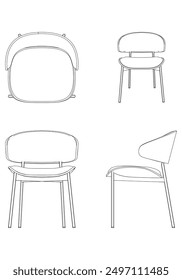 Chair Line Vector Illustration. Different Views of Modern Chair, Ideal for Furniture Design and Interior Concepts with Front, Side, and Top Views