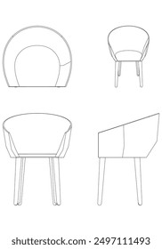Chair Line Vector Illustration. Different Views of Modern Chair, Ideal for Furniture Design and Interior Concepts with Front, Side, and Top Views