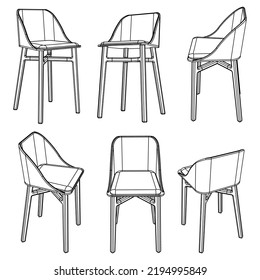 Chair Line Vector Illustration, Set Of Different Views Of Modern Chair