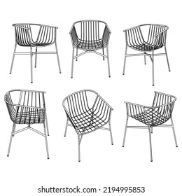 Chair Line Vector Illustration, Set Of Different Views Of Modern Chair