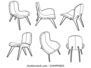 Chair Line Vector Illustration, Set Of Different Views Of Modern Chair