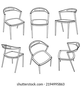 Ilustración vectorial de la línea de la silla, Conjunto de diferentes vistas de la silla moderna