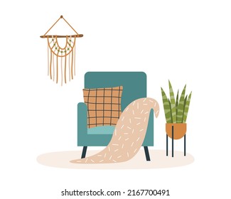 Chair, macrame and plant. Living room interior. Cozy armchair with plaid and cushion.  Interior elements on white background. Flat vector illustration.