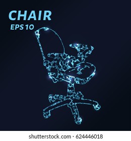 The chair is made of points, lines and triangles. The polygon shape in the form of a chair silhouette on a dark background. Vector illustration.