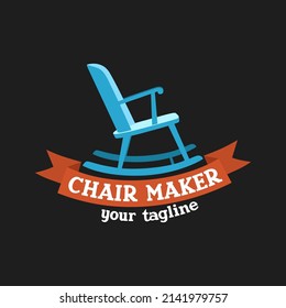 Chair Maker logo template. Emblem with a rocking chair and a ribbon on black. Stock vector illustration for woodwork shop or carpentry.