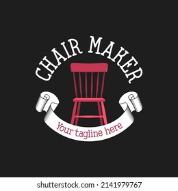 Chair Maker logo template. Emblem with a chair and a ribbon on black. Stock vector illustration for woodwork shop or carpentry.