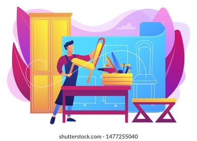 Chair manufacture. Interior designer. Carpentry workshop. Custom furniture, best bespoke furniture, master furniture makers concept. Bright vibrant violet vector isolated illustration