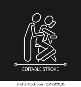 Chair massage white linear icon for dark theme. Performing treatment in seated position. Thin line customizable illustration. Isolated vector contour symbol for night mode. Editable stroke