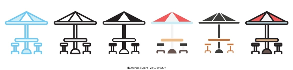 Chair multi style, mini illustration icon set. outline, flat, glyph, line color, UI, UX, app and web, digital or print. vector EPS 10 related to street food, food festival.