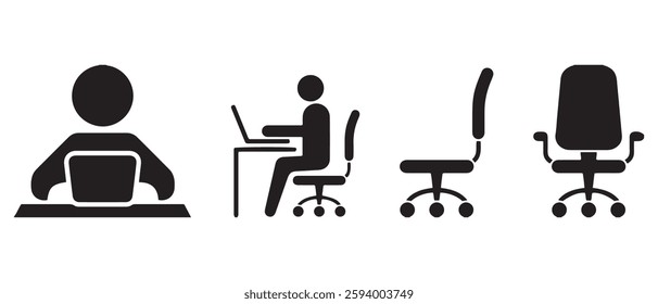 Chair and office worker vector icon. Workplace at the table with laptop