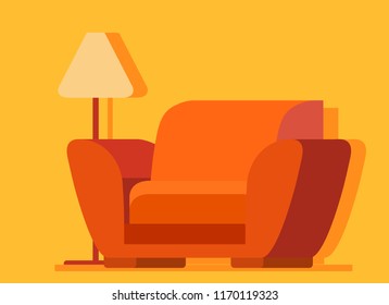 Chair old retro.Vintage cozy chair.Home furniture floor lamp.Flat vector.Living room interior design concept.