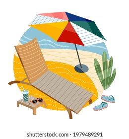 Silla en la playa en verano. Colocar sobre la arena cerca del mar bajo la ilustración del vector paraguas. Escenario de estilo de vida moderno en vacaciones, lugar de trabajo remoto o recreación en vacaciones.