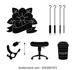 Chair on rollers, needles for tattoo and other equipment. Tattoo set collection icons in black style vector symbol stock illustration web.