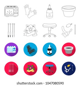 Chair on rollers, needles for tattoo and other equipment. Tattoo set collection icons in outline,flet style vector symbol stock illustration web.