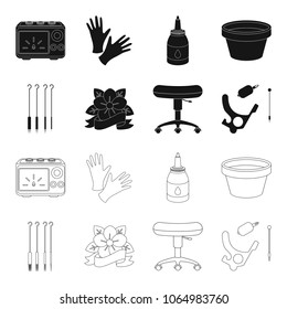 Chair on rollers, needles for tattoo and other equipment. Tattoo set collection icons in black,outline style vector symbol stock illustration web.