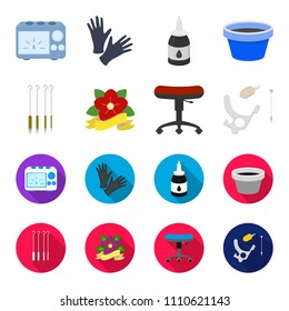 Chair on rollers, needles for tattoo and other equipment. Tattoo set collection icons in cartoon,flat style vector symbol stock illustration web.