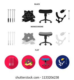 Chair on rollers, needles for tattoo and other equipment. Tattoo set collection icons in black, flat, monochrome style vector symbol stock illustration web.