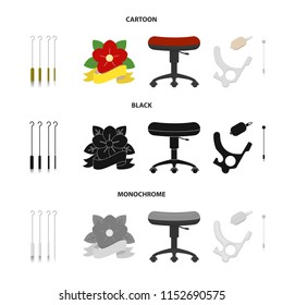 Chair on rollers, needles for tattoo and other equipment. Tattoo set collection icons in cartoon,black,monochrome style vector symbol stock illustration web.