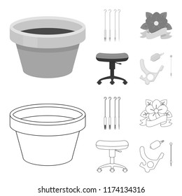 Chair on rollers, needles for tattoo and other equipment. Tattoo set collection icons in outline,monochrome style vector symbol stock illustration web.