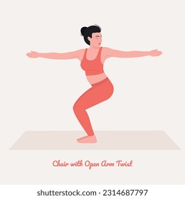 Chair with Open Arm Twist pose. Young woman practicing Yoga pose. Woman workout fitness, aerobic and exercises