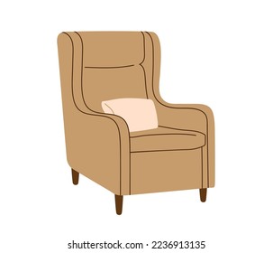 Chair with pillow. Modern furniture armchair with pillows for home interior. Comfy chair. Hand drawn Flat vector illustration isolated on white background. Fashionable Furniture for Home