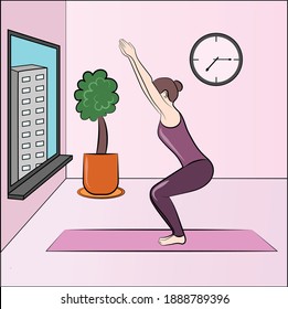 chair pose "utkatasana" morning yoga sport chill mood vector illustration