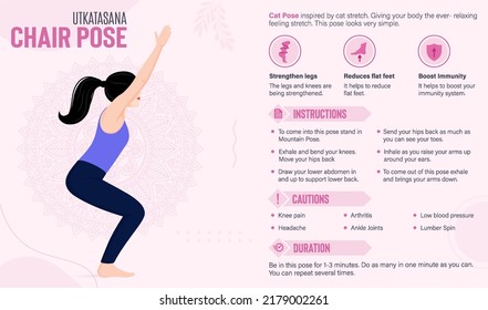 Chair Pose Yoga Guide and benefits-vector illustration