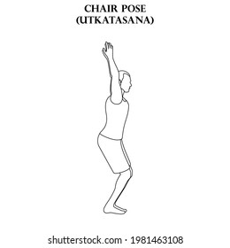 Chair pose yoga workout. Utkatasana. Man doing yoga illustration outline on the white background. Vector illustration