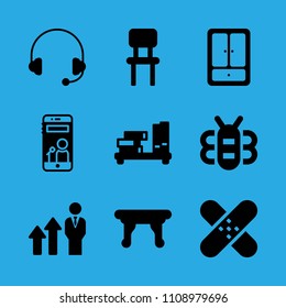 chair, promotion, headphones, closet, shelf, table, bee, smartphone and patch vector icon. Simple icons set