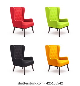 Chair realistic icon set four identical chairs with different colors are soft colorful with wooden legs vector illustration