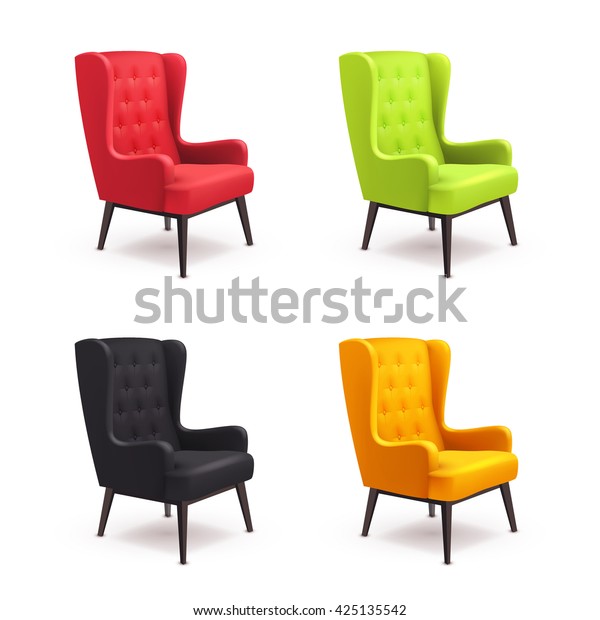 椅子のリアルなアイコンセット4つの同じ椅子の色が異なると 木の脚のベクターイラストを使用した柔らかいカラフルな椅子が表示されます のベクター画像素材 ロイヤリティフリー