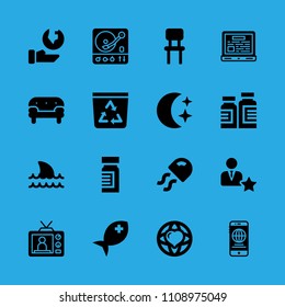 chair, recycle bin, turntable, television, laptop, ecology, night, fish and sofa vector icon. Simple icons set