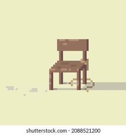 Chair in a room. Vector of a scene, chair with cut rope, footstep and shadow. Escaping myself, in pixel art style. Bit. 