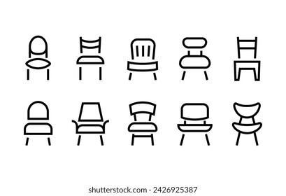 Chair Seating icon set Front view Chair thin line icons set, editable stroke isolated on white, linear vector outline illustration, symbol logo design style