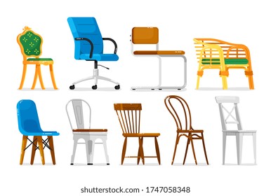 Chair set. Comfortable empty chairs collection. Wooden, metal, plastic, wicker, rolling, modern, old, luxury, classic, home, office, garden chair set. Interior furniture decoration style