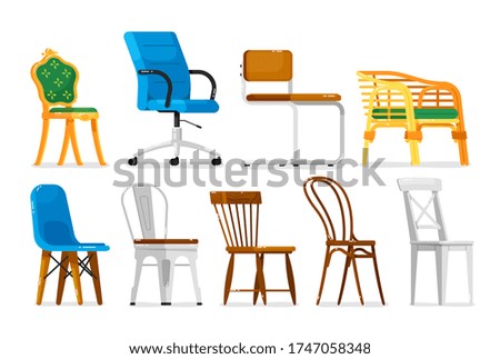 Chair set. Comfortable empty chairs collection. Wooden, metal, plastic, wicker, rolling, modern, old, luxury, classic, home, office, garden chair set. Interior furniture decoration style