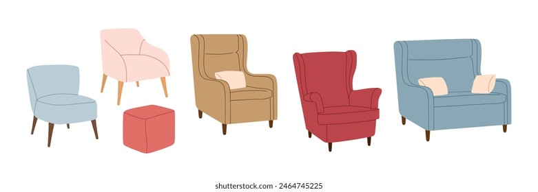 Chair set. Modern furniture Fashionable armchairs, sofa, ottoman for home interior. Comfy chairs. Hand drawn Flat vector illustration isolated on white background. Fashionable Furniture for Home.