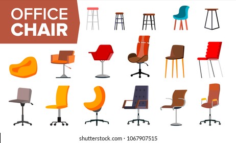 Chair Set Vector. Office Creative Modern Desk Chairs. Interior Seat Design Element. Flat Isolated Furniture Illustration