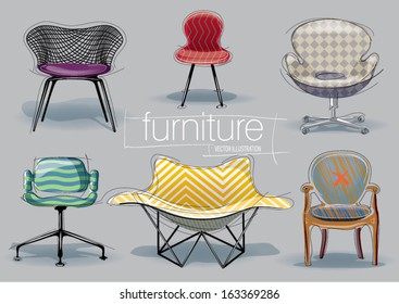 Ensemble de chaises. Image vectorielle style d'esquisse