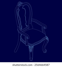 Chair is shown in a blue background. The chair is a modern design with a black frame and a white cushion. The chair is sitting on a blue surface, which could be a table or a floor