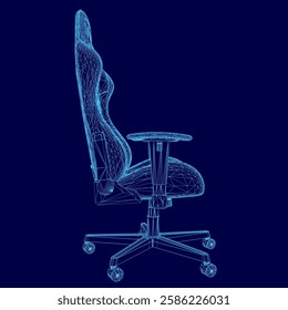 A chair is shown in a blue color. The chair is designed in a 3D format. The chair is made of metal and has a black back. The chair is designed to be comfortable and ergonomic